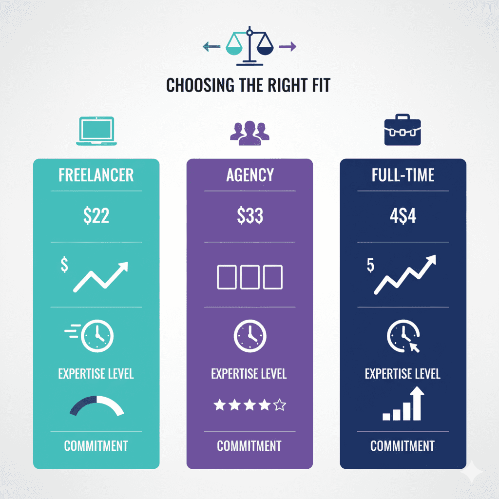 Comparison infographic showing three AI hiring models: freelancer vs agency vs full-time expert with cost, timeline, and commitment differences