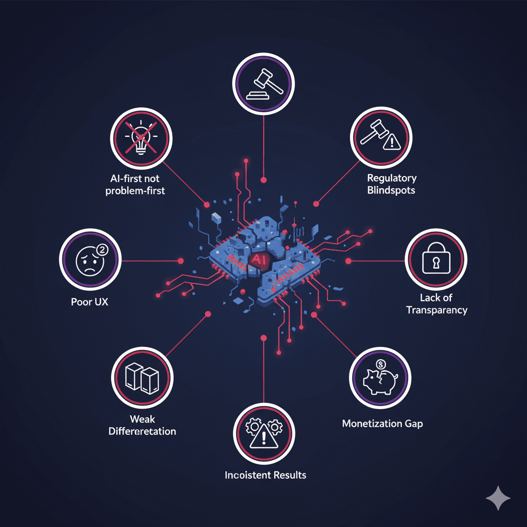Infographic diagram showing the 7 systematic root causes why AI MVPs fail including poor UX, weak differentiation, and monetization gaps